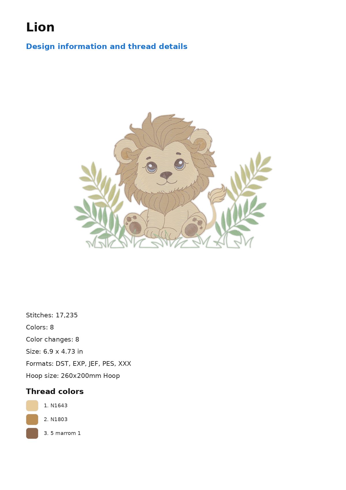 Lion free machine embroidery design — 6.9×4.73 in — 17,235 stitches — 8 colors — DST, EXP, JEF, PES, XXX