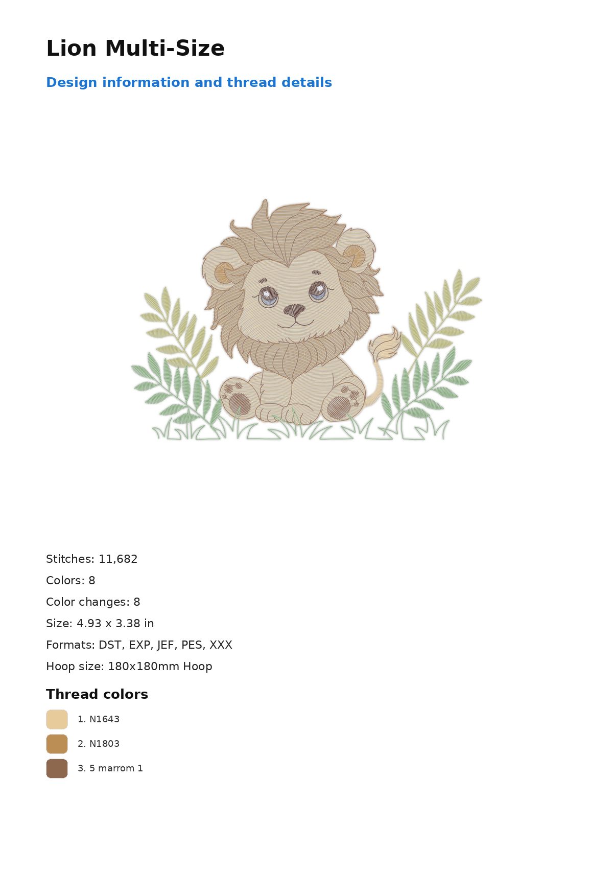 Lion Multi-Size free machine embroidery design — 4.93×3.38 in — 11,682 stitches — 8 colors — DST, EXP, JEF, PES, XXX