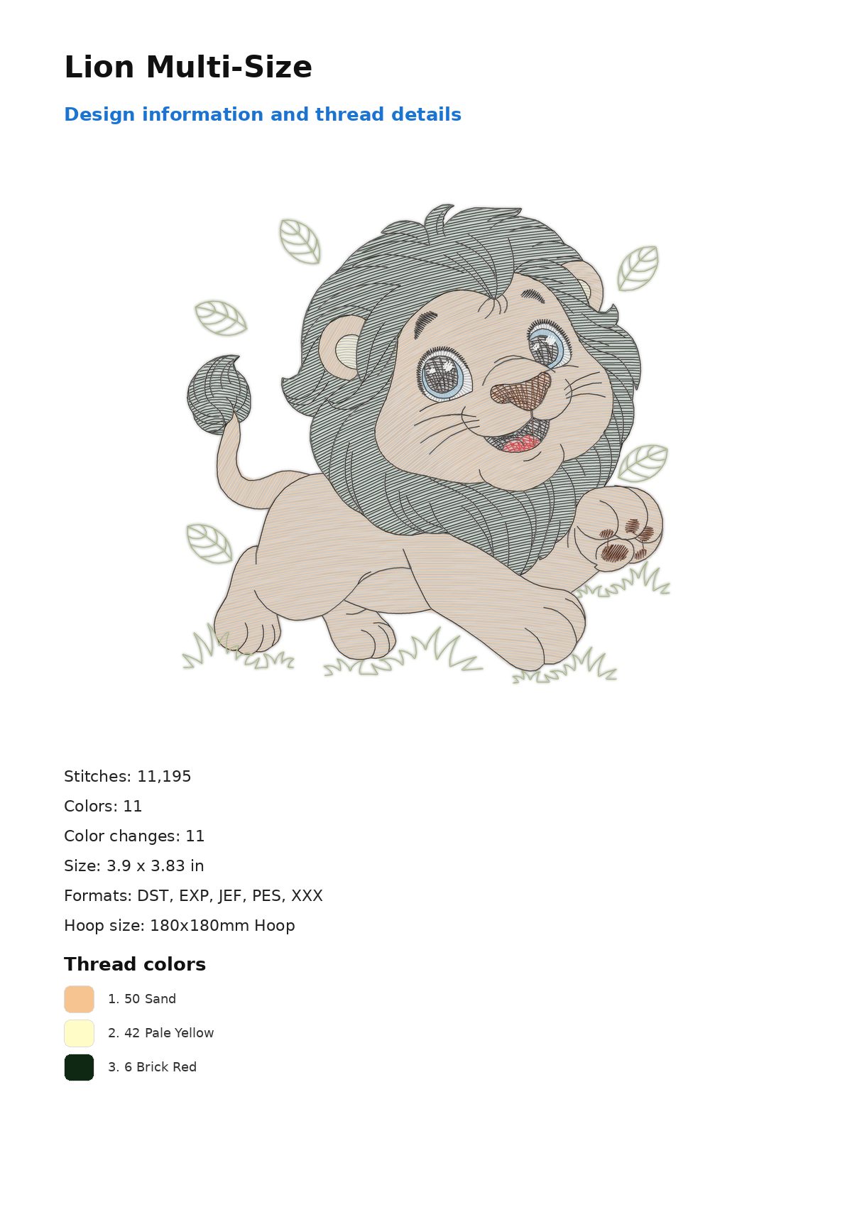 Lion Multi-Size free machine embroidery design — 3.9×3.83 in — 11,195 stitches — 11 colors — DST, EXP, JEF, PES, XXX