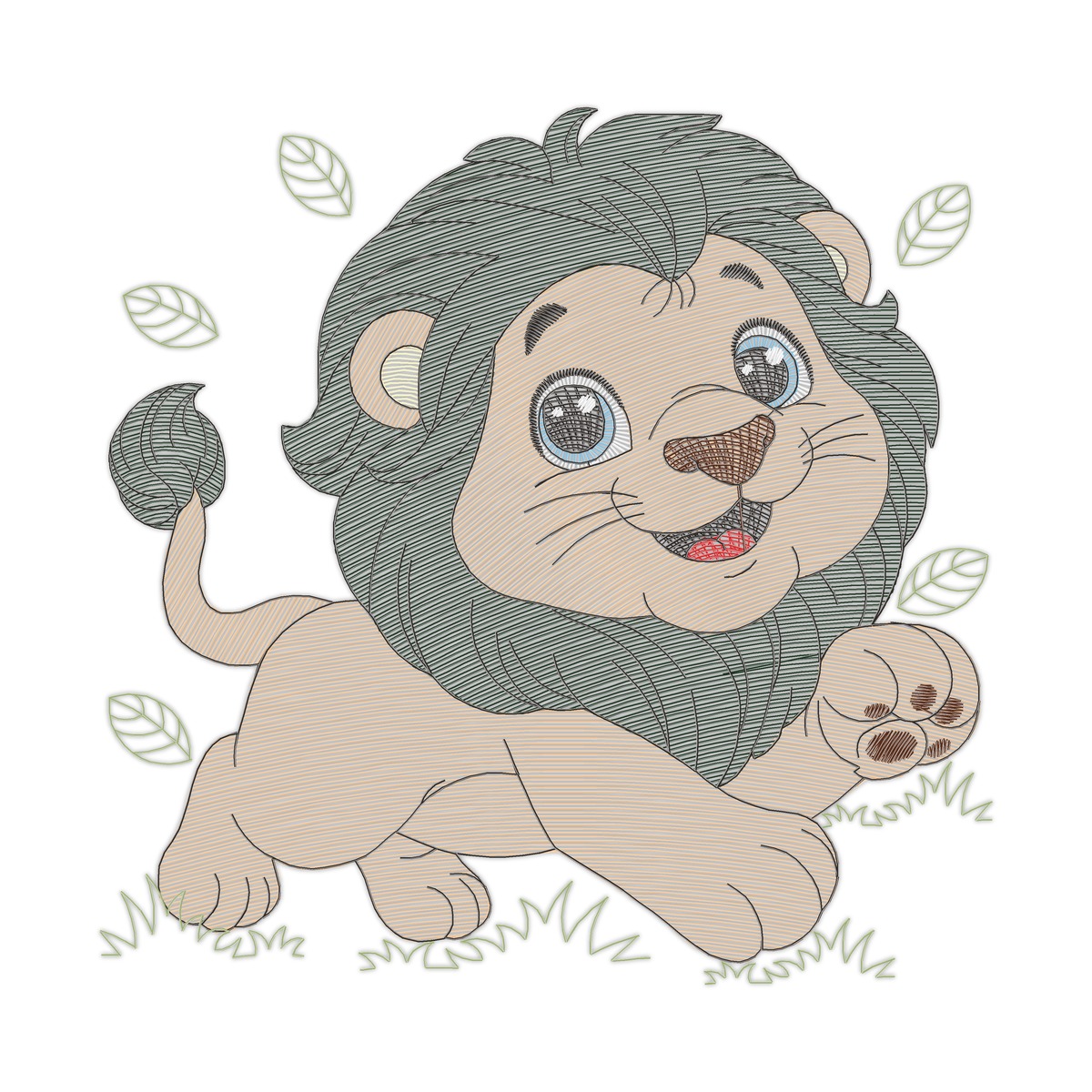 Lion Multi-Size free machine embroidery design — 4.72×4.64 in — 13,919 stitches — 11 colors — DST, EXP, JEF, PES, XXX