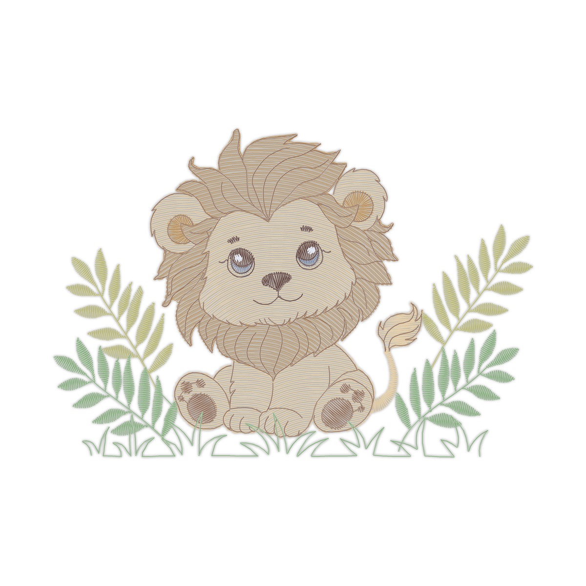 Lion Multi-Size free machine embroidery design — 4.93×3.38 in — 11,682 stitches — 8 colors — DST, EXP, JEF, PES, XXX