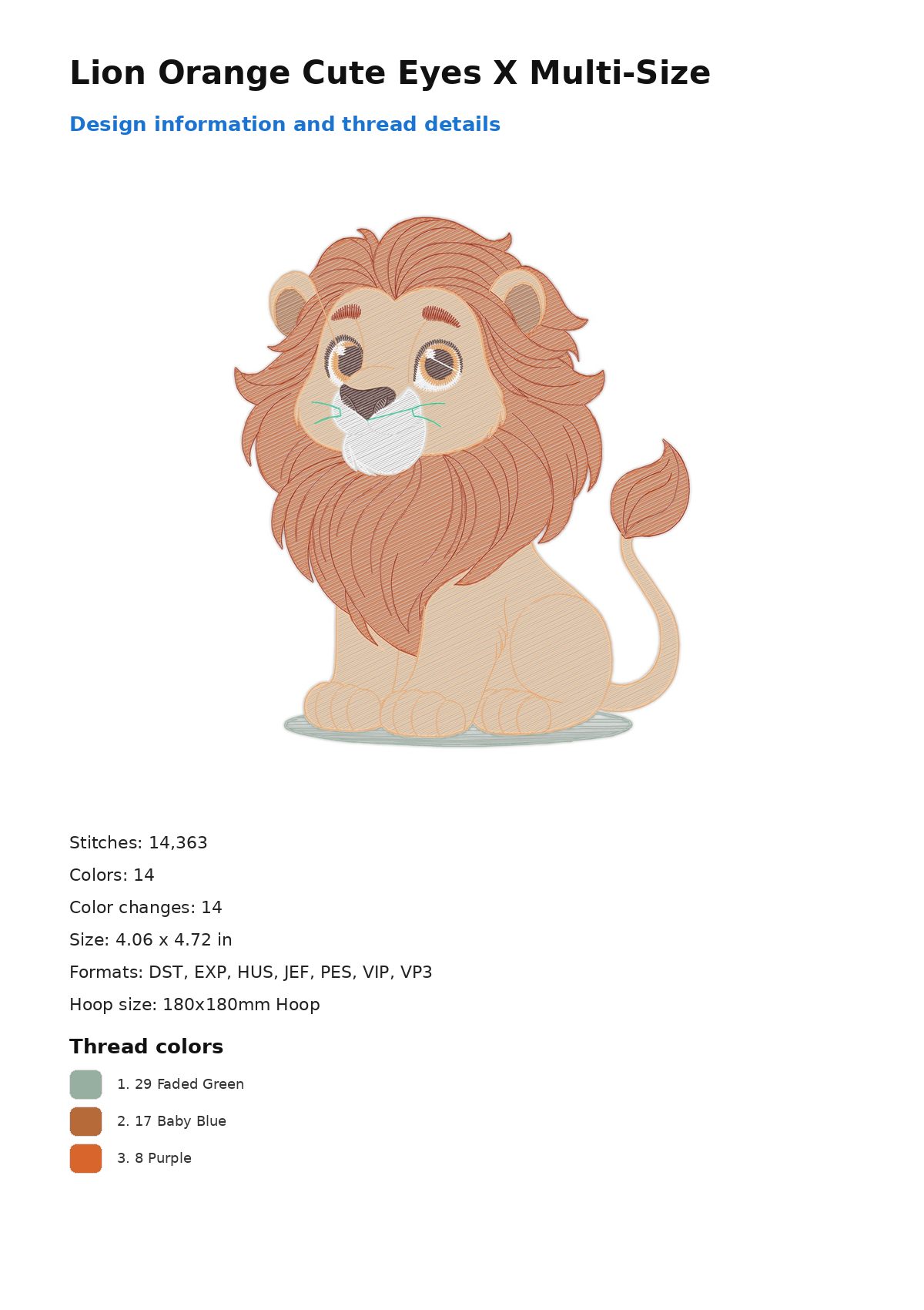 Lion Orange Cute Eyes X Multi-Size free machine embroidery design — 4.06×4.72 in — 14,363 stitches — 14 colors — DST, EXP, HUS, JEF, PES
