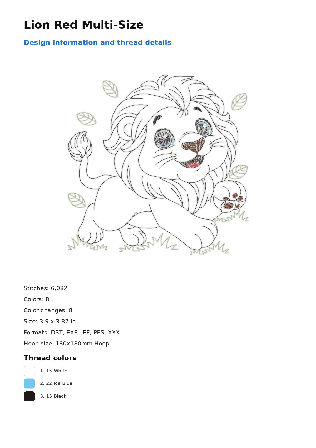 Lion Red Multi-Size free machine embroidery design — 3.9×3.87 in — 6,082 stitches — 8 colors — DST, EXP, JEF, PES, XXX