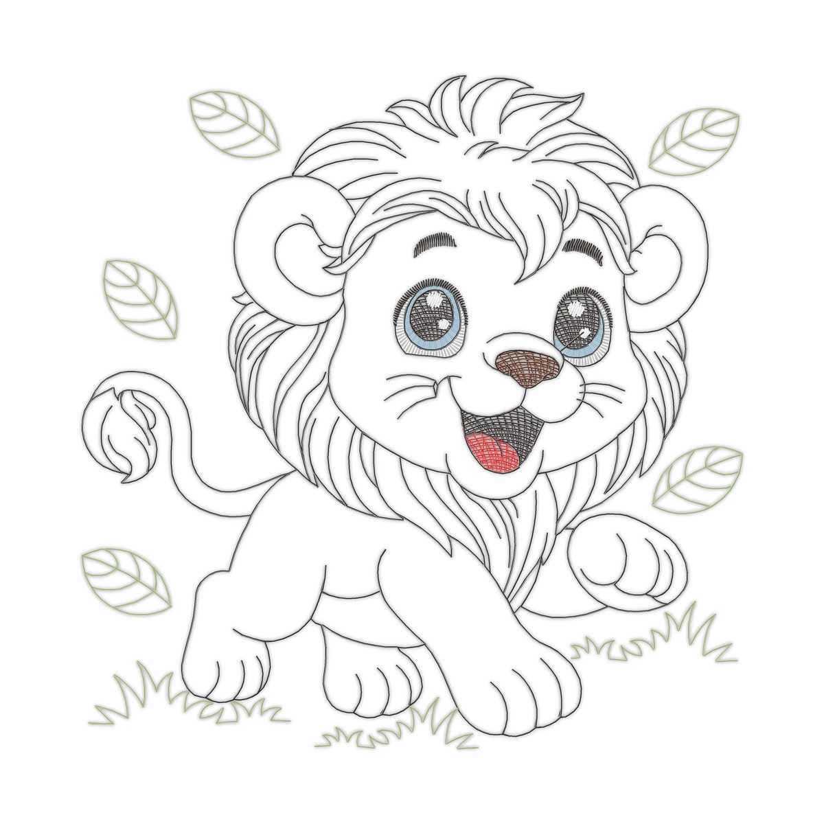 Lion Red X Multi-Size free machine embroidery design — 4.91×5.0 in — 7,041 stitches — 8 colors — DST, EXP, JEF, PES, XXX