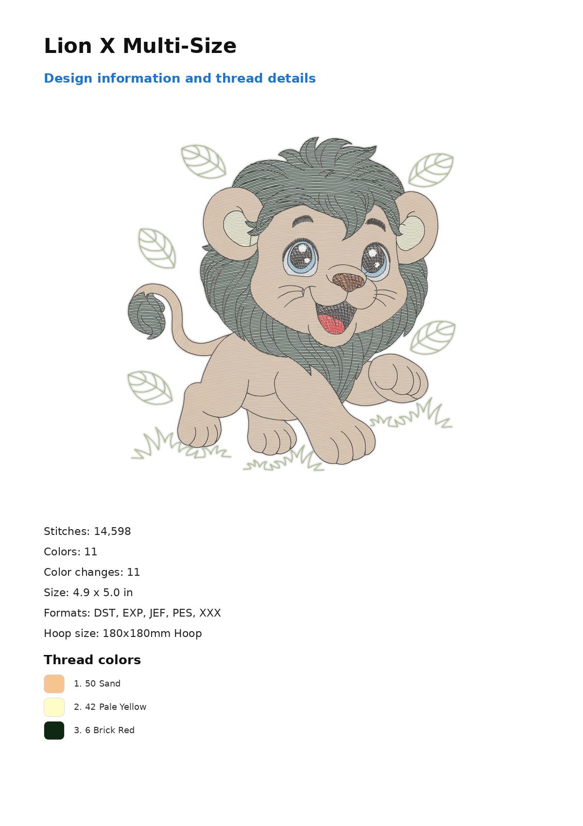 Lion X Multi-Size free machine embroidery design — 4.9×5.0 in — 14,598 stitches — 11 colors — DST, EXP, JEF, PES, XXX