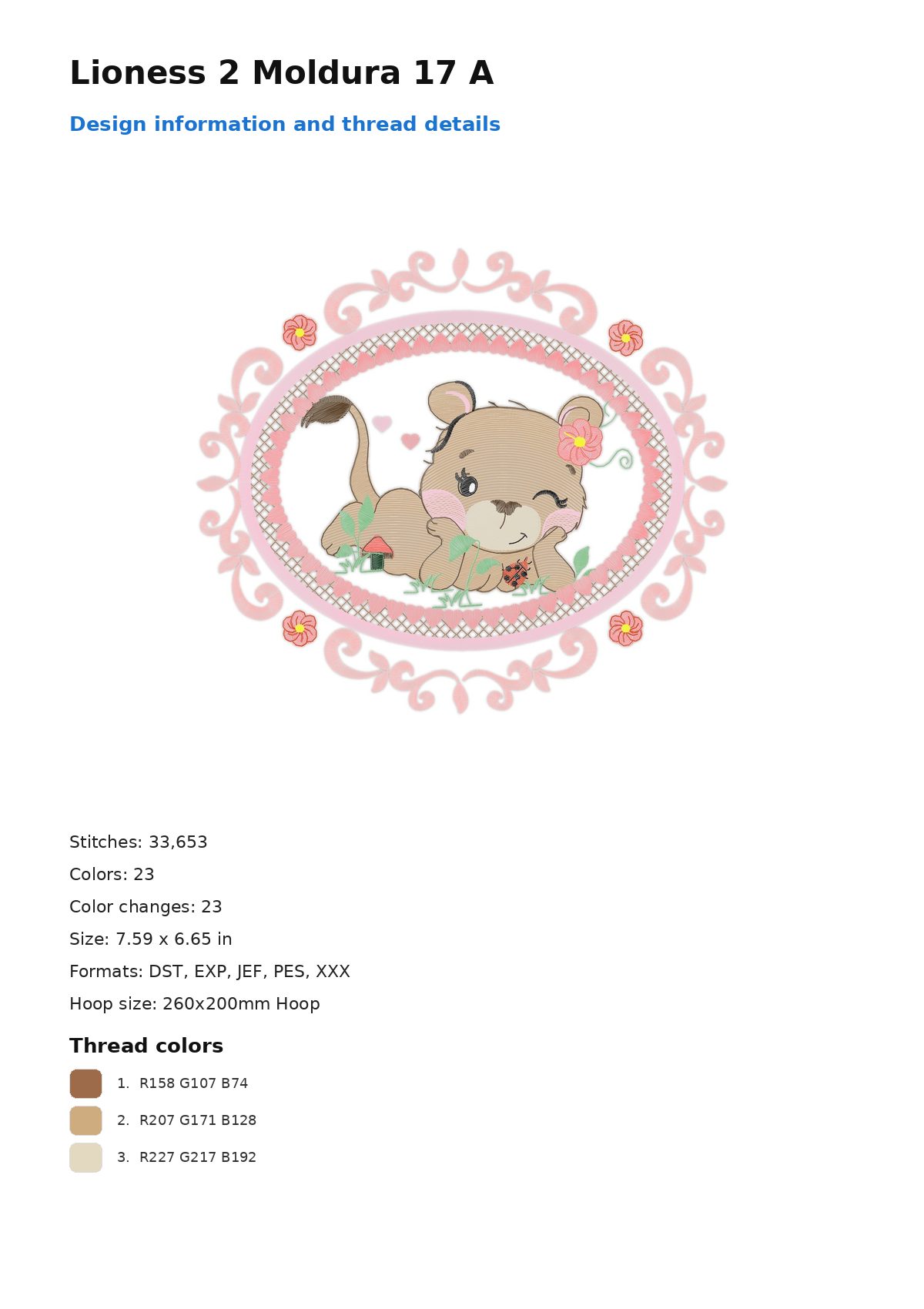 Lioness 2 Moldura 17 A free machine embroidery design — 7.59×6.65 in — 33,653 stitches — 23 colors — DST, EXP, JEF, PES, XXX