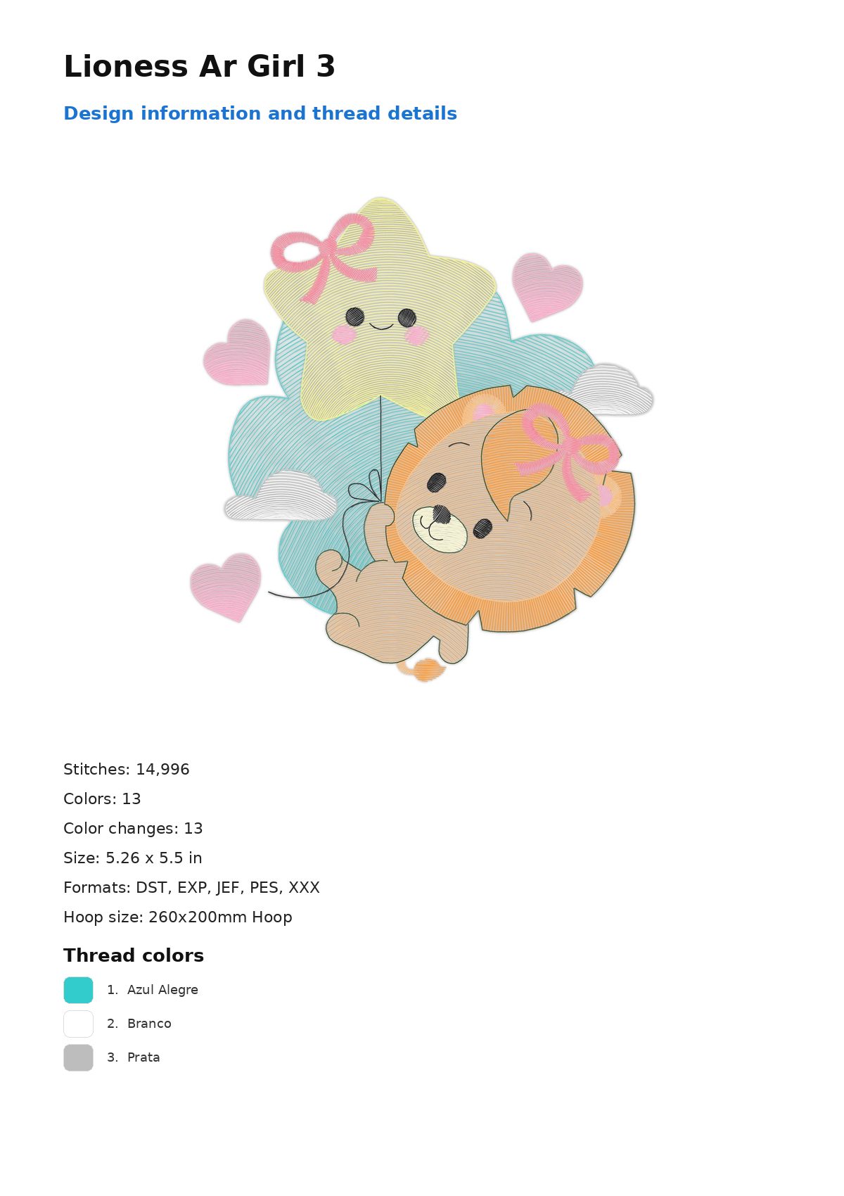 Lioness Ar Girl 3 free machine embroidery design — 5.26×5.5 in — 14,996 stitches — 13 colors — DST, EXP, JEF, PES, XXX