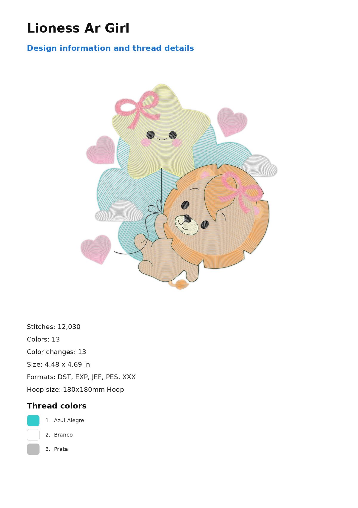 Lioness Ar Girl free machine embroidery design — 4.48×4.69 in — 12,030 stitches — 13 colors — DST, EXP, JEF, PES, XXX