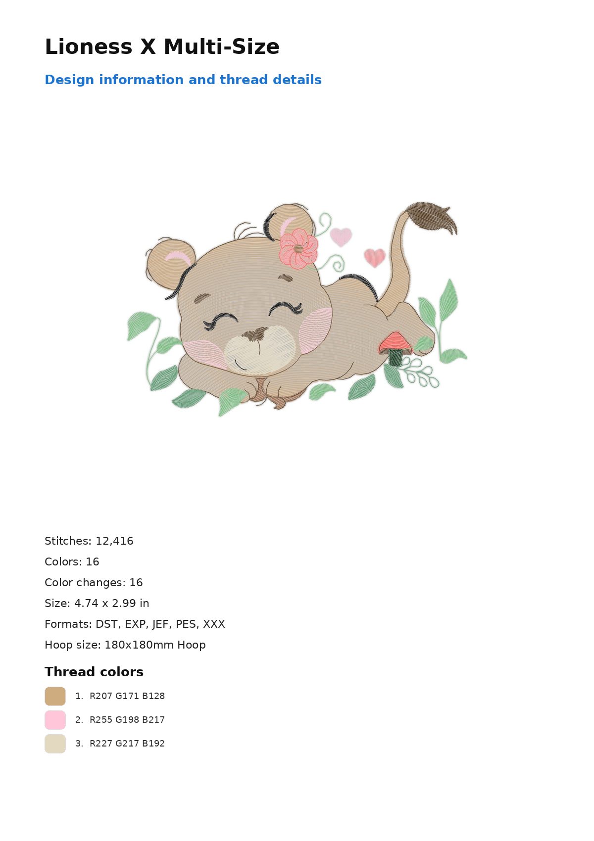 Lioness X Multi-Size free machine embroidery design — 4.74×2.99 in — 12,416 stitches — 16 colors — DST, EXP, JEF, PES, XXX