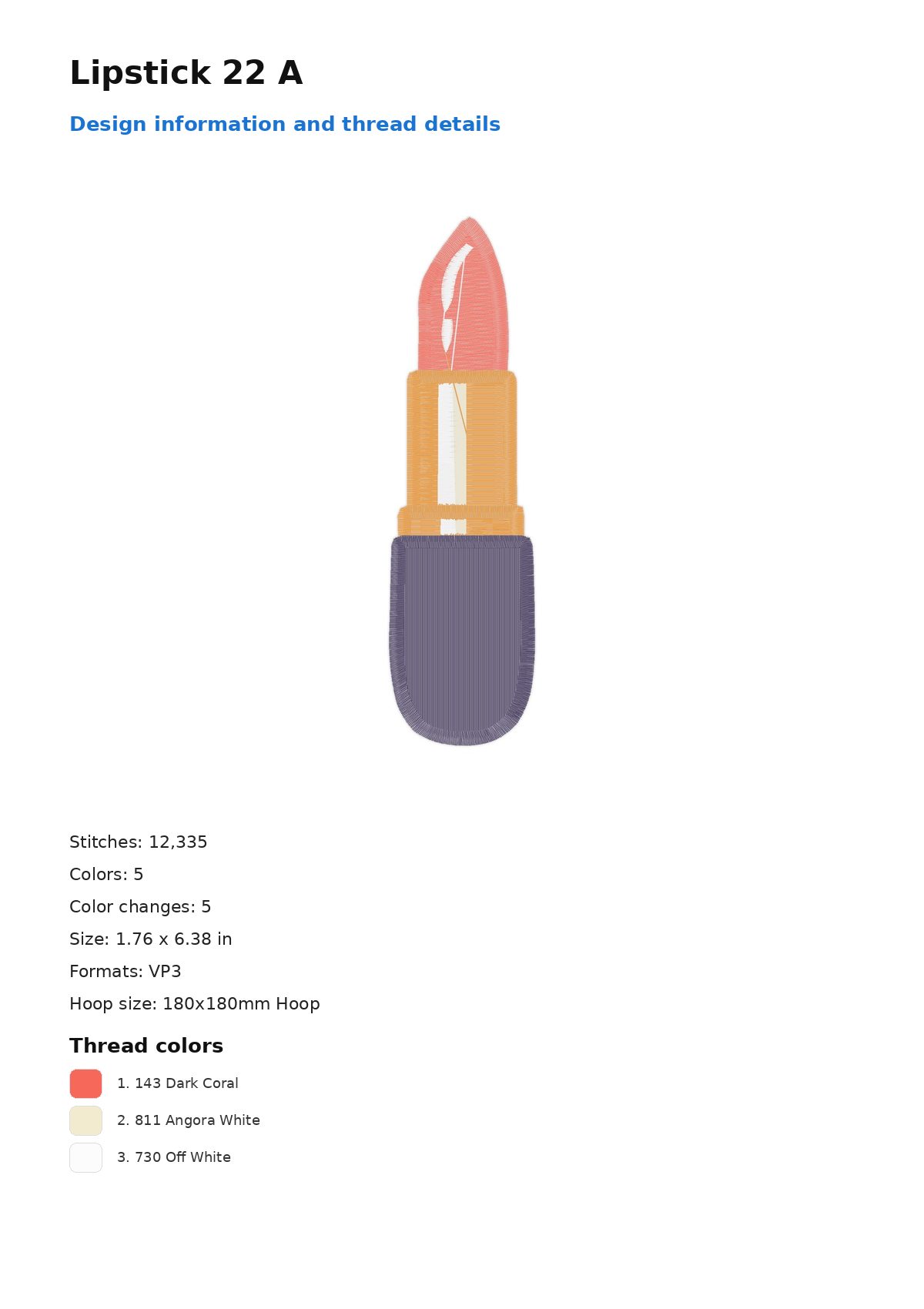 Lipstick 22 A free machine embroidery design — 1.76×6.38 in — 12,335 stitches — 5 colors — VP3