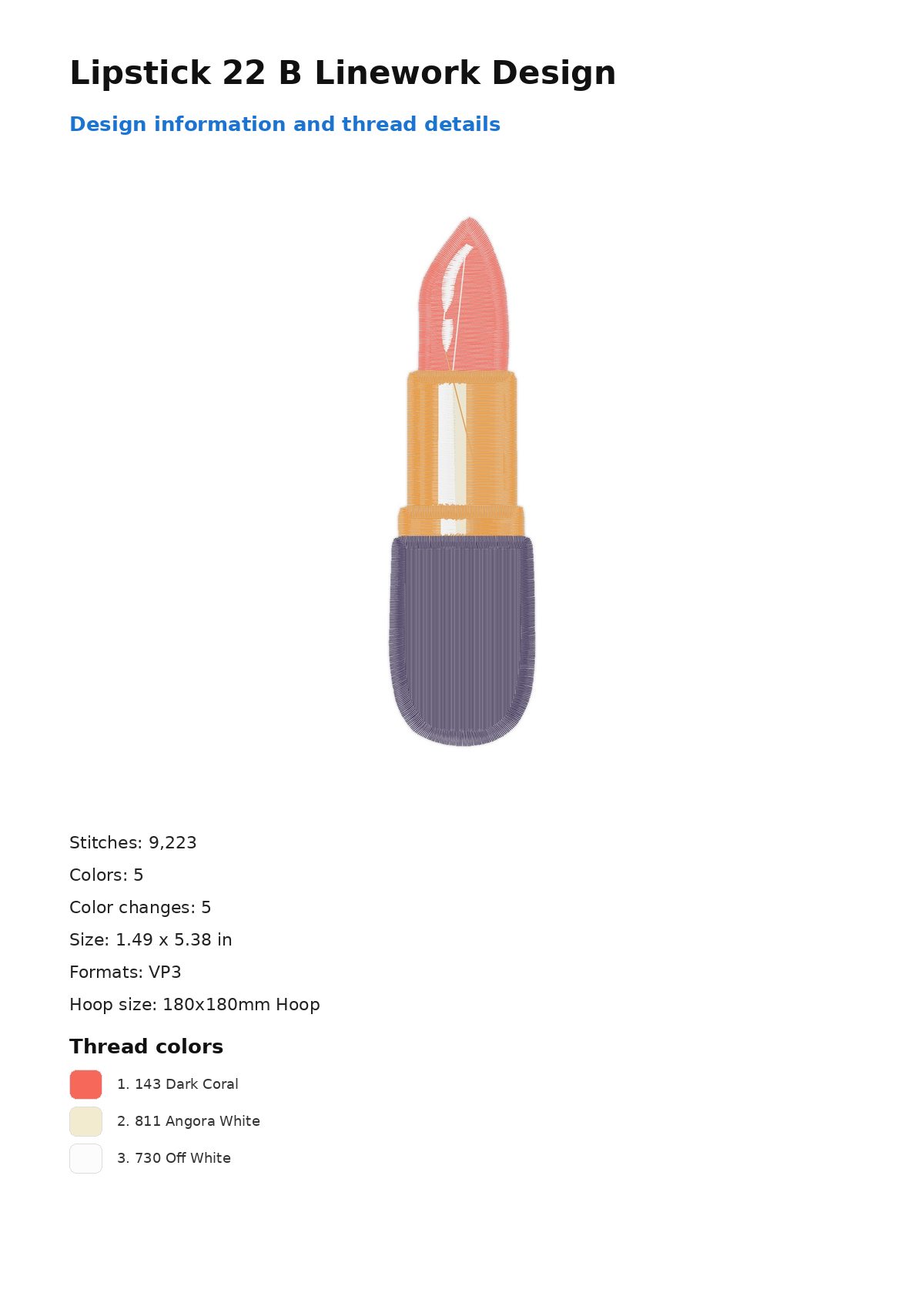 Lipstick 22 B Linework Design free machine embroidery design — 1.49×5.38 in — 9,223 stitches — 5 colors — VP3
