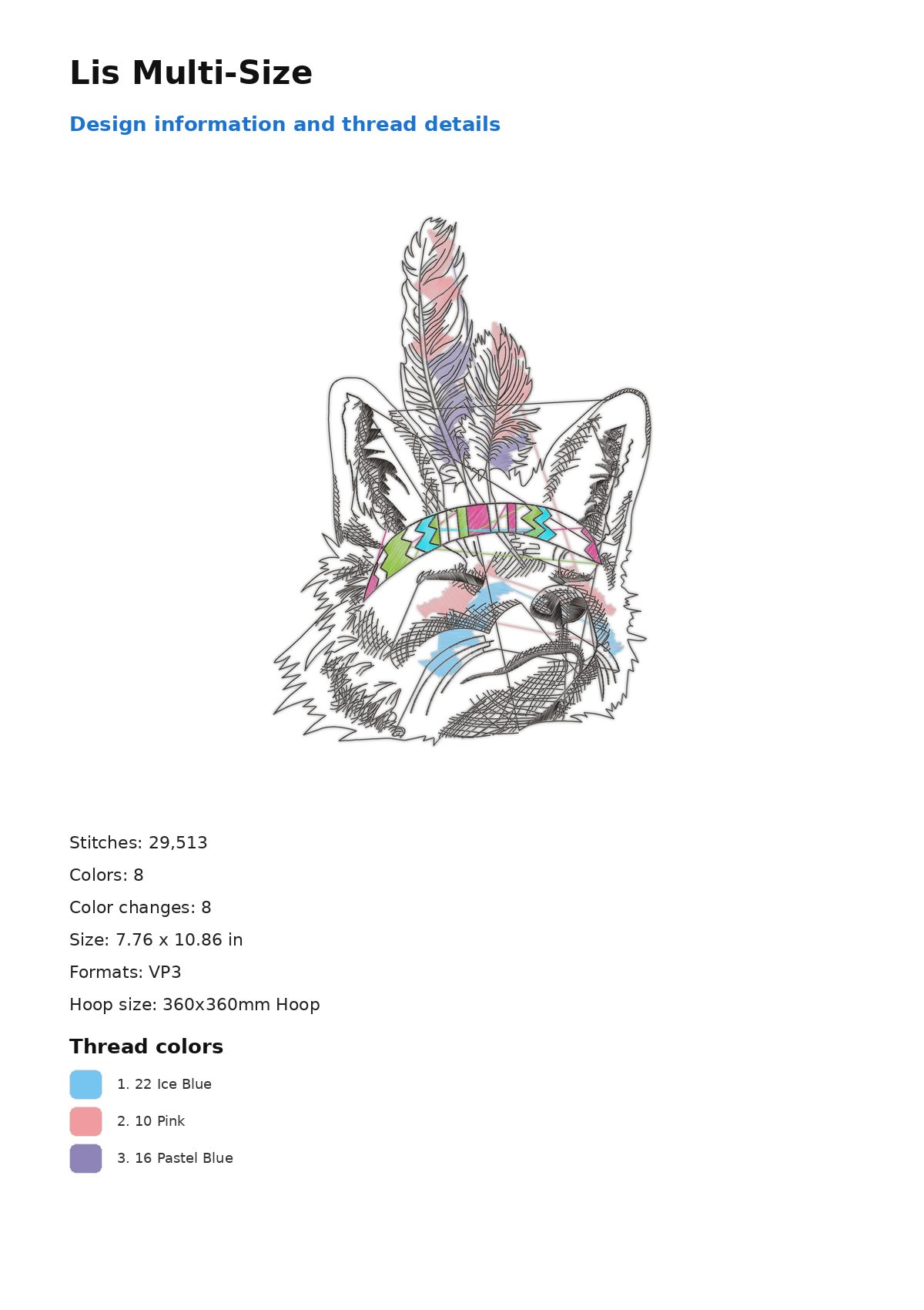 Lis Multi-Size free machine embroidery design — 7.76×10.86 in — 29,513 stitches — 8 colors — VP3