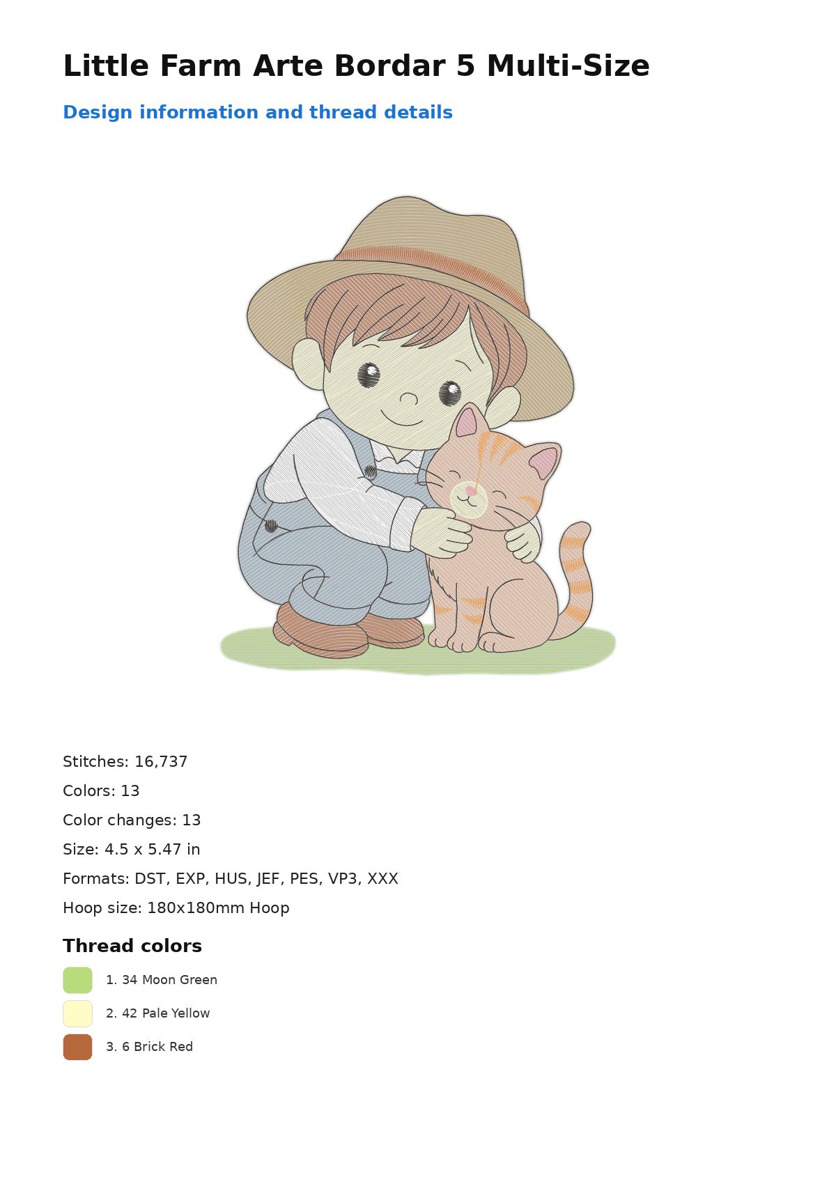 Little Farm Arte Bordar 5 Multi-Size free machine embroidery design — 4.5×5.47 in — 16,737 stitches — 13 colors — DST, EXP, HUS, JEF, PES