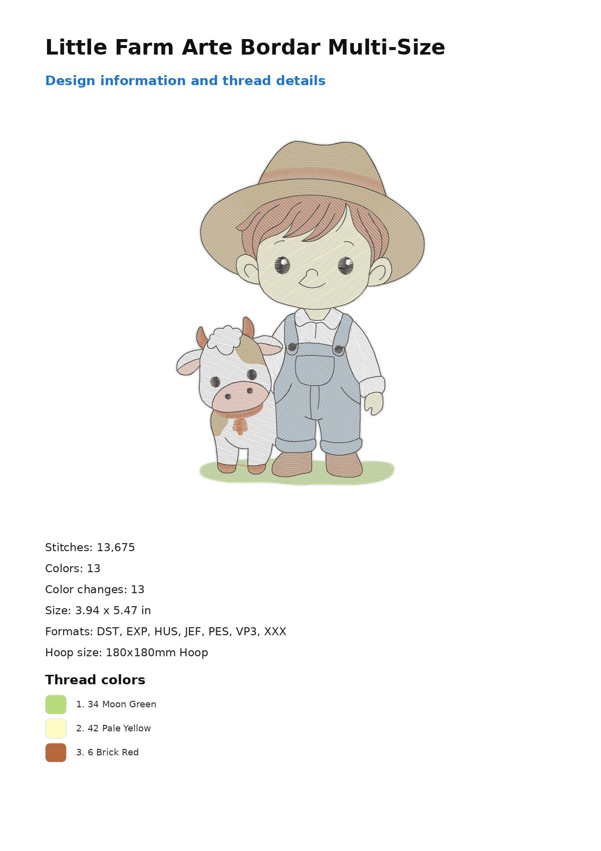 Little Farm Arte Bordar Multi-Size free machine embroidery design — 3.94×5.47 in — 13,675 stitches — 13 colors — DST, EXP, HUS, JEF, PES