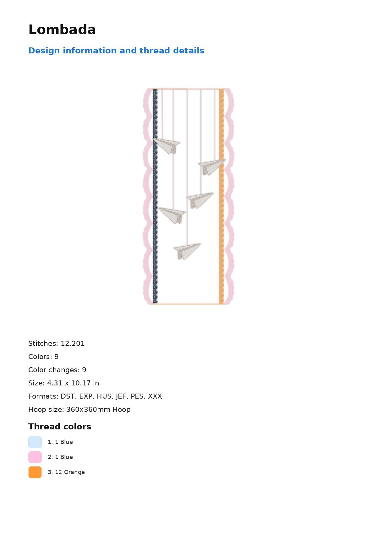 Lombada free machine embroidery design — 4.31×10.17 in — 12,201 stitches — 9 colors — DST, EXP, HUS, JEF, PES