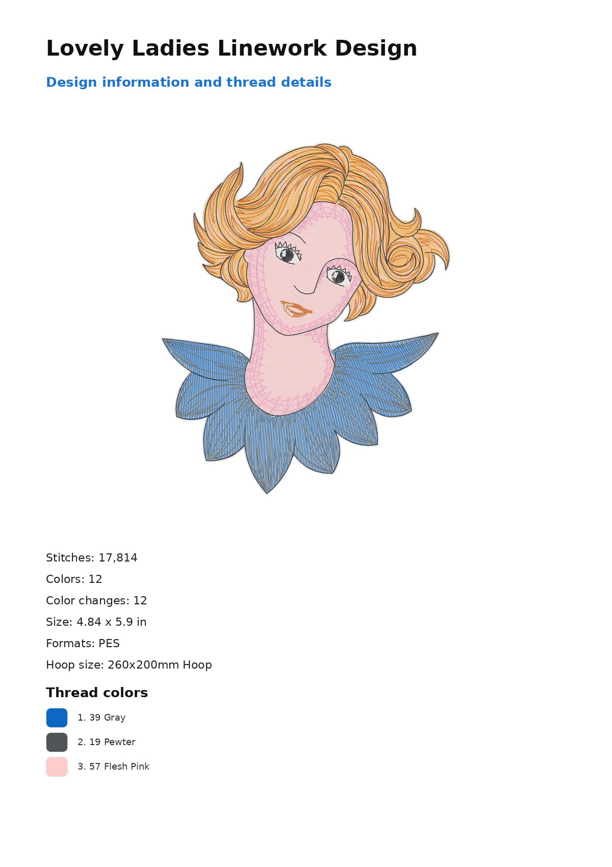 Lovely Ladies Linework Design free machine embroidery design — 4.84×5.9 in — 17,814 stitches — 12 colors — PES