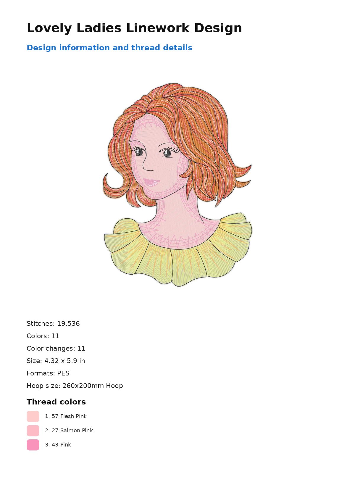 Lovely Ladies Linework Design free machine embroidery design — 4.32×5.9 in — 19,536 stitches — 11 colors — PES