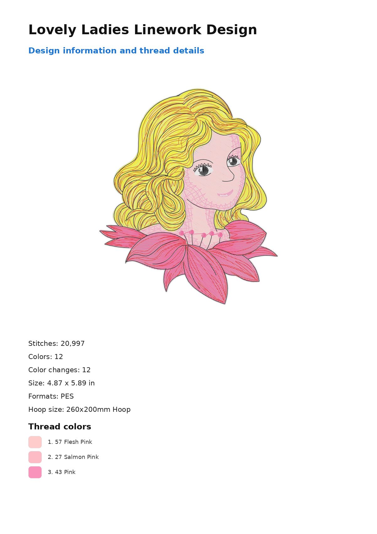 Lovely Ladies Linework Design free machine embroidery design — 4.87×5.89 in — 20,997 stitches — 12 colors — PES