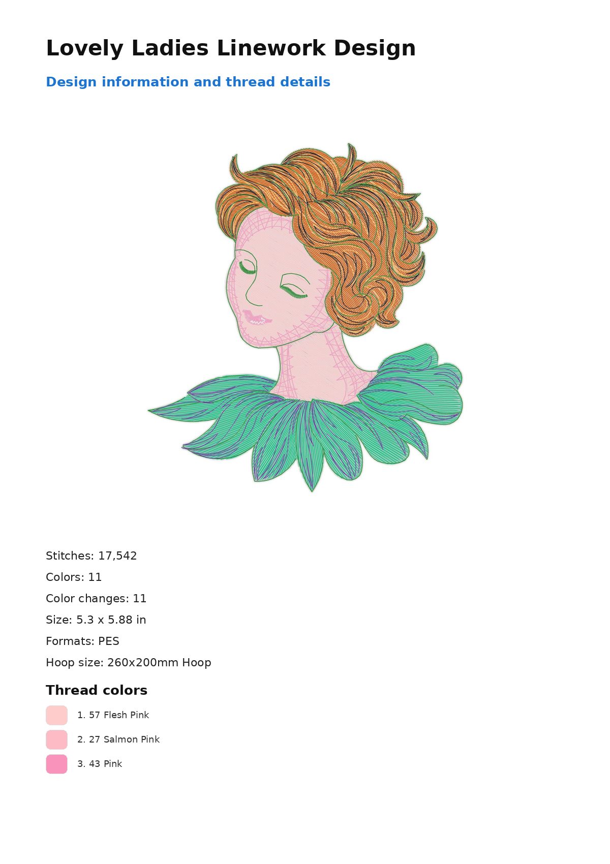 Lovely Ladies Linework Design free machine embroidery design — 5.3×5.88 in — 17,542 stitches — 11 colors — PES