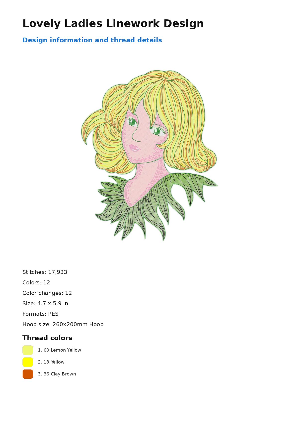 Lovely Ladies Linework Design free machine embroidery design — 4.7×5.9 in — 17,933 stitches — 12 colors — PES