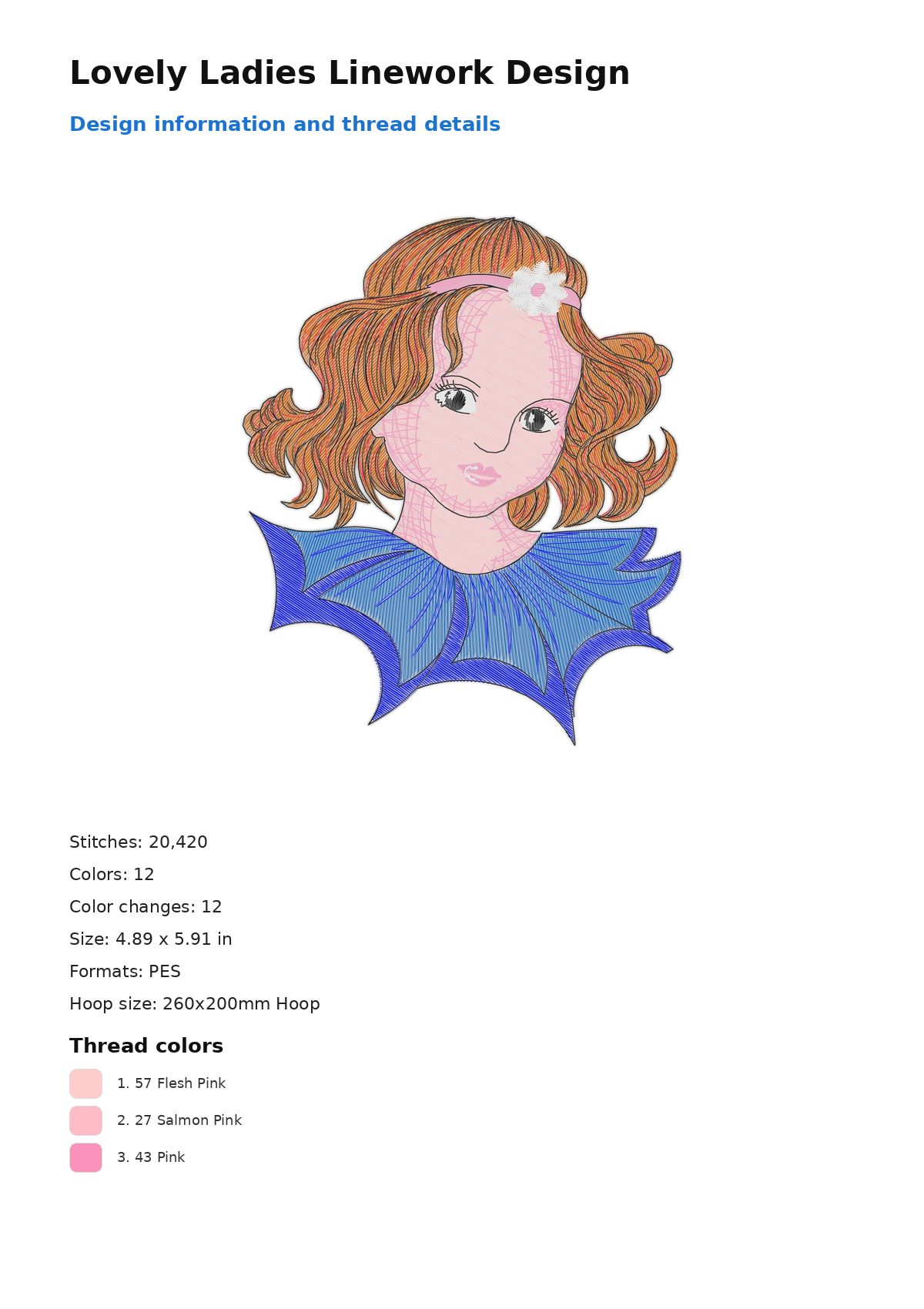 Lovely Ladies Linework Design free machine embroidery design — 4.89×5.91 in — 20,420 stitches — 12 colors — PES