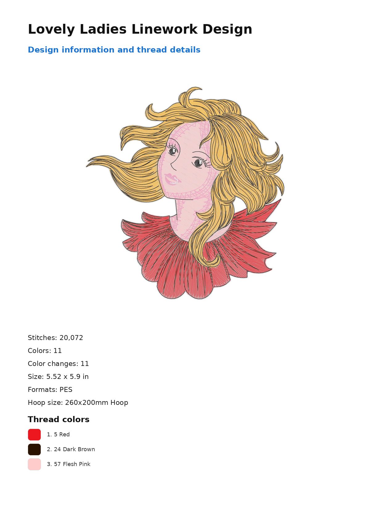 Lovely Ladies Linework Design free machine embroidery design — 5.52×5.9 in — 20,072 stitches — 11 colors — PES