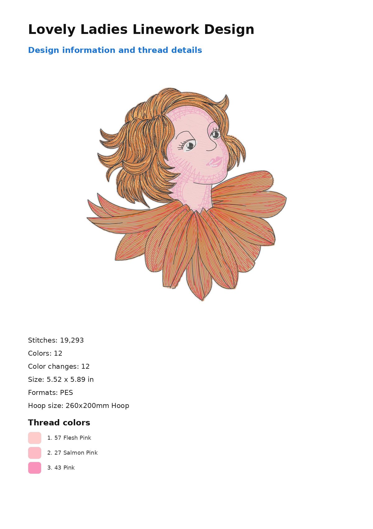 Lovely Ladies Linework Design free machine embroidery design — 5.52×5.89 in — 19,293 stitches — 12 colors — PES