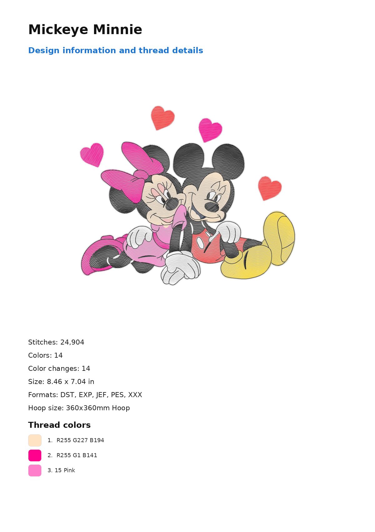 Mickeye Minnie free machine embroidery design — 8.46×7.04 in — 24,904 stitches — 14 colors — DST, EXP, JEF, PES, XXX