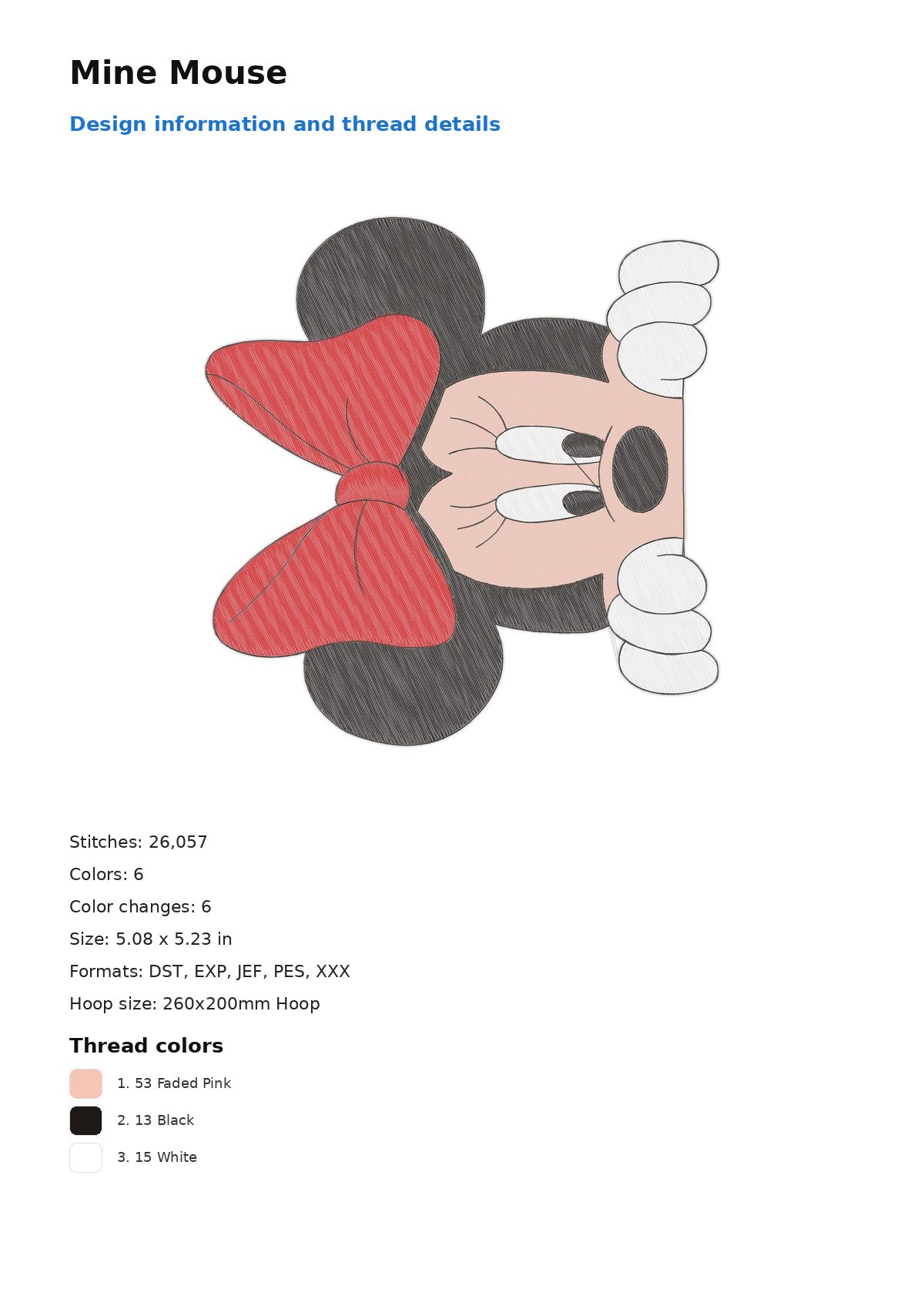 Mine Mouse free machine embroidery design — 5.08×5.23 in — 26,057 stitches — 6 colors — DST, EXP, JEF, PES, XXX