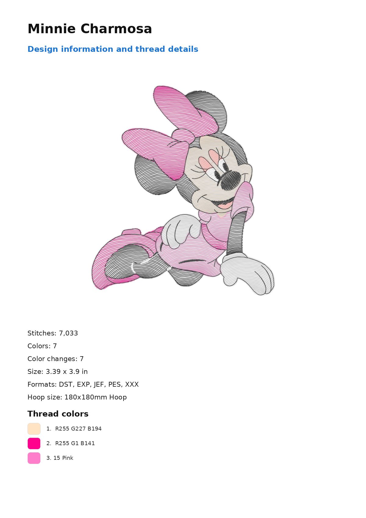 Minnie Charmosa free machine embroidery design — 3.39×3.9 in — 7,033 stitches — 7 colors — DST, EXP, JEF, PES, XXX