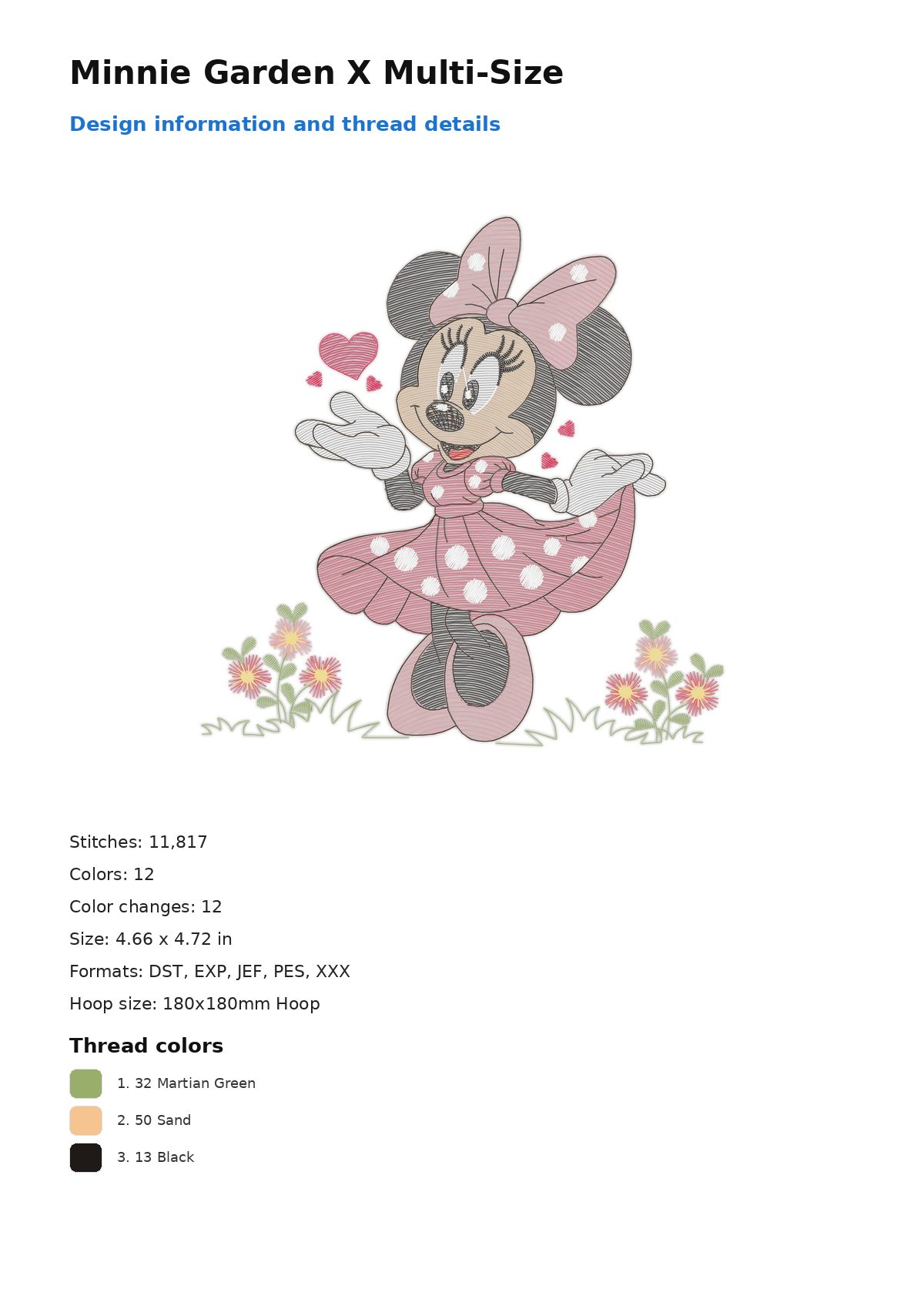 Minnie Garden X Multi-Size free machine embroidery design — 4.66×4.72 in — 11,817 stitches — 12 colors — DST, EXP, JEF, PES, XXX