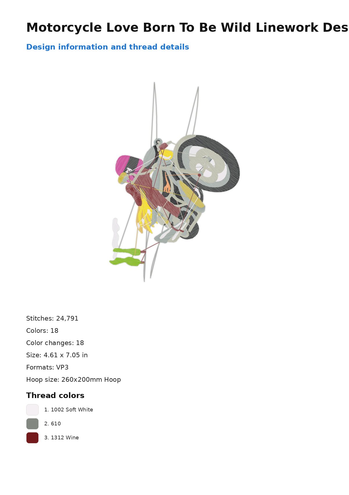 Motorcycle Love Born To Be Wild Linework Design free machine embroidery design — 4.61×7.05 in — 24,791 stitches — 18 colors — VP3