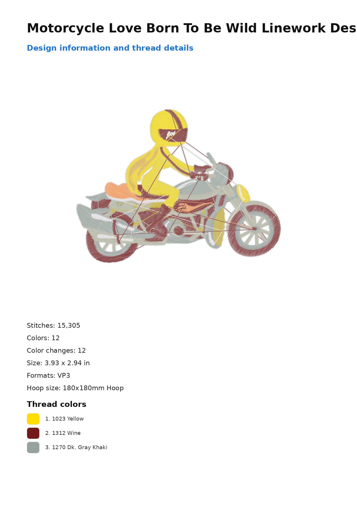 Motorcycle Love Born To Be Wild Linework Design free machine embroidery design — 3.93×2.94 in — 15,305 stitches — 12 colors — VP3