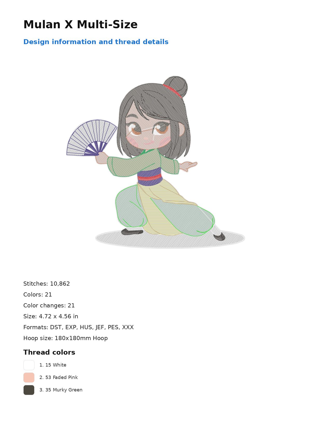 Mulan X Multi-Size free machine embroidery design — 4.72×4.56 in — 10,862 stitches — 21 colors — DST, EXP, HUS, JEF, PES