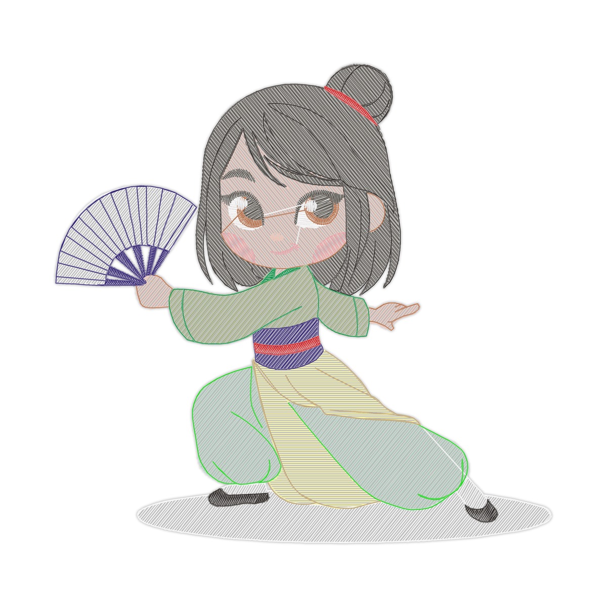 Mulan X Multi-Size free machine embroidery design — 4.72×4.56 in — 10,862 stitches — 21 colors — DST, EXP, HUS, JEF, PES