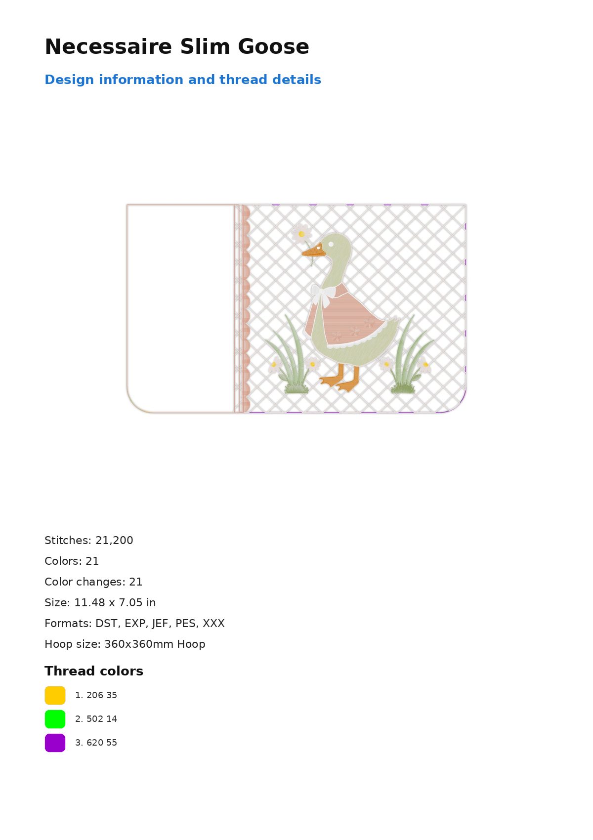 Necessaire Slim Goose free machine embroidery design — 11.48×7.05 in — 21,200 stitches — 21 colors — DST, EXP, JEF, PES, XXX