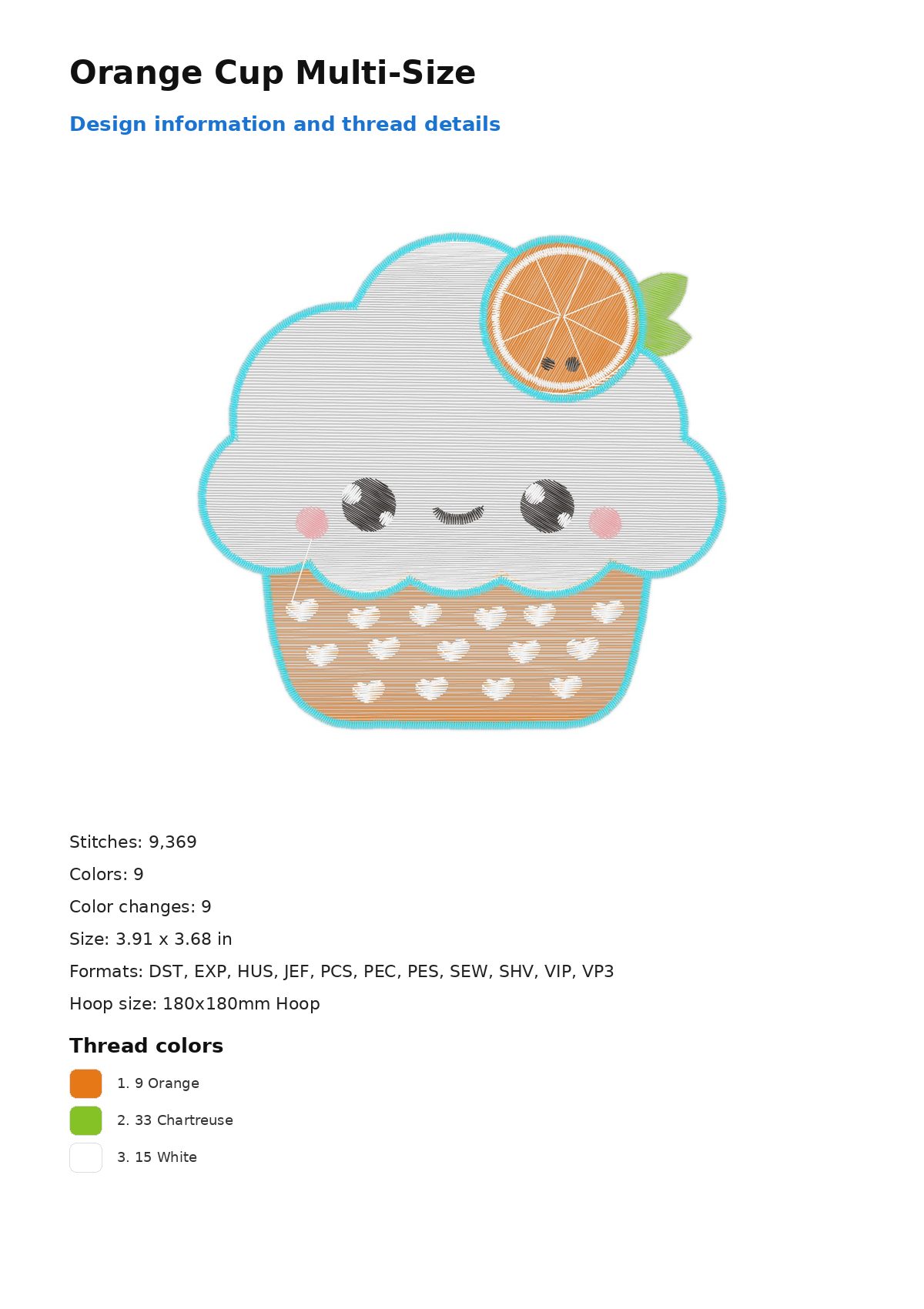 Orange Cup Multi-Size free machine embroidery design — 3.91×3.68 in — 9,369 stitches — 9 colors — DST, EXP, HUS, JEF, PCS