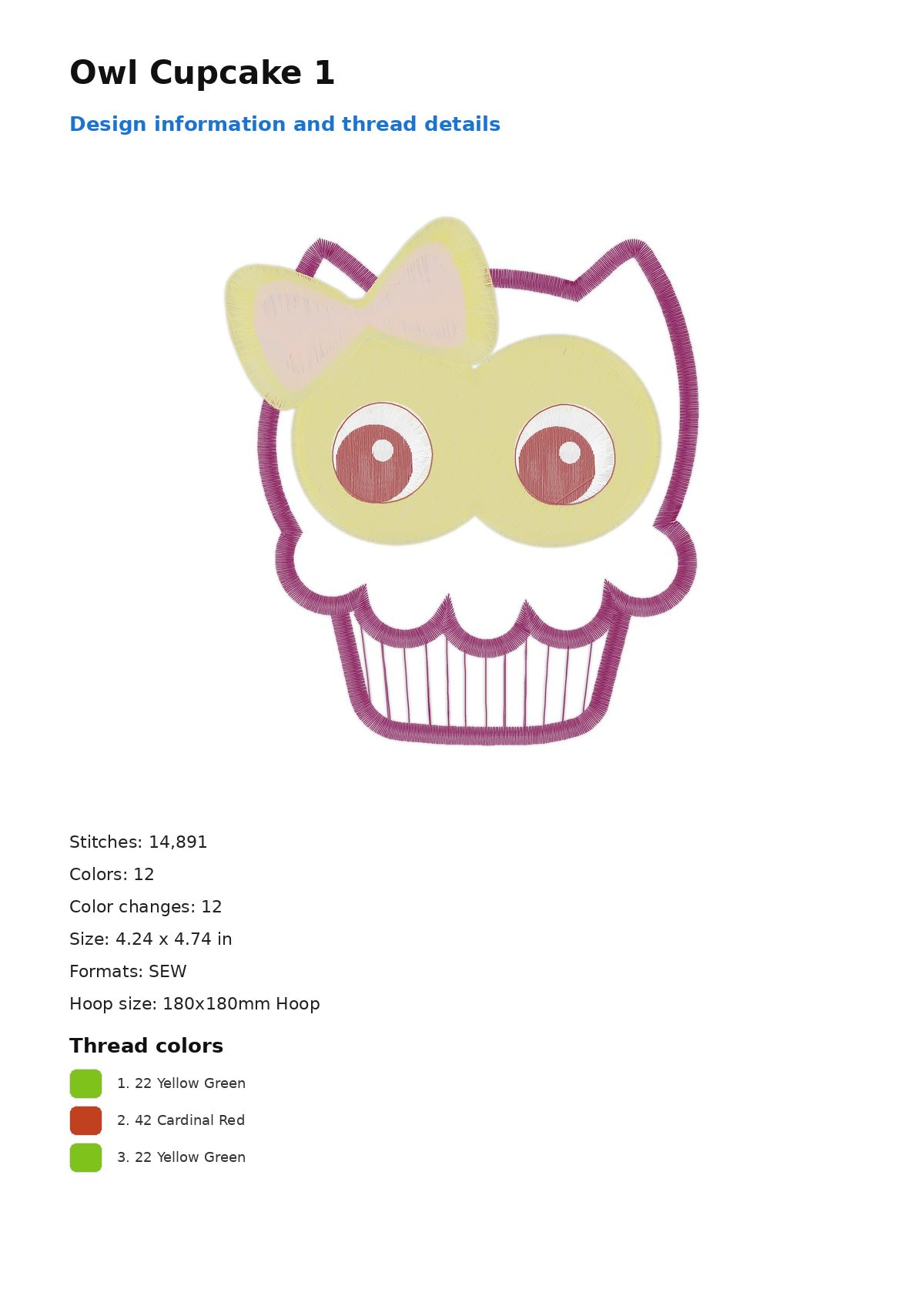 Owl Cupcake 1 free machine embroidery design — 4.24×4.74 in — 14,891 stitches — 12 colors — SEW