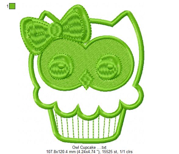 Owl Cupcake 1 free machine embroidery design — 4.24×4.74 in — 14,891 stitches — 12 colors — SEW