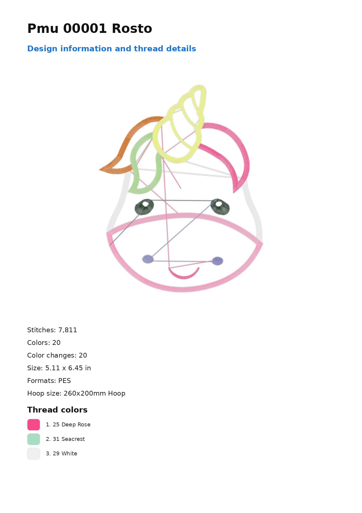 Pmu 00001 Rosto free machine embroidery design — 5.11×6.45 in — 7,811 stitches — 20 colors — PES