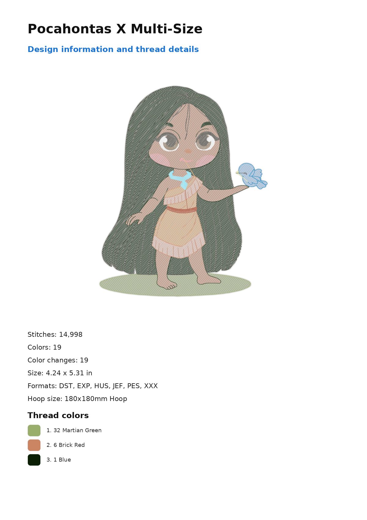 Pocahontas X Multi-Size free machine embroidery design — 4.24×5.31 in — 14,998 stitches — 19 colors — DST, EXP, HUS, JEF, PES