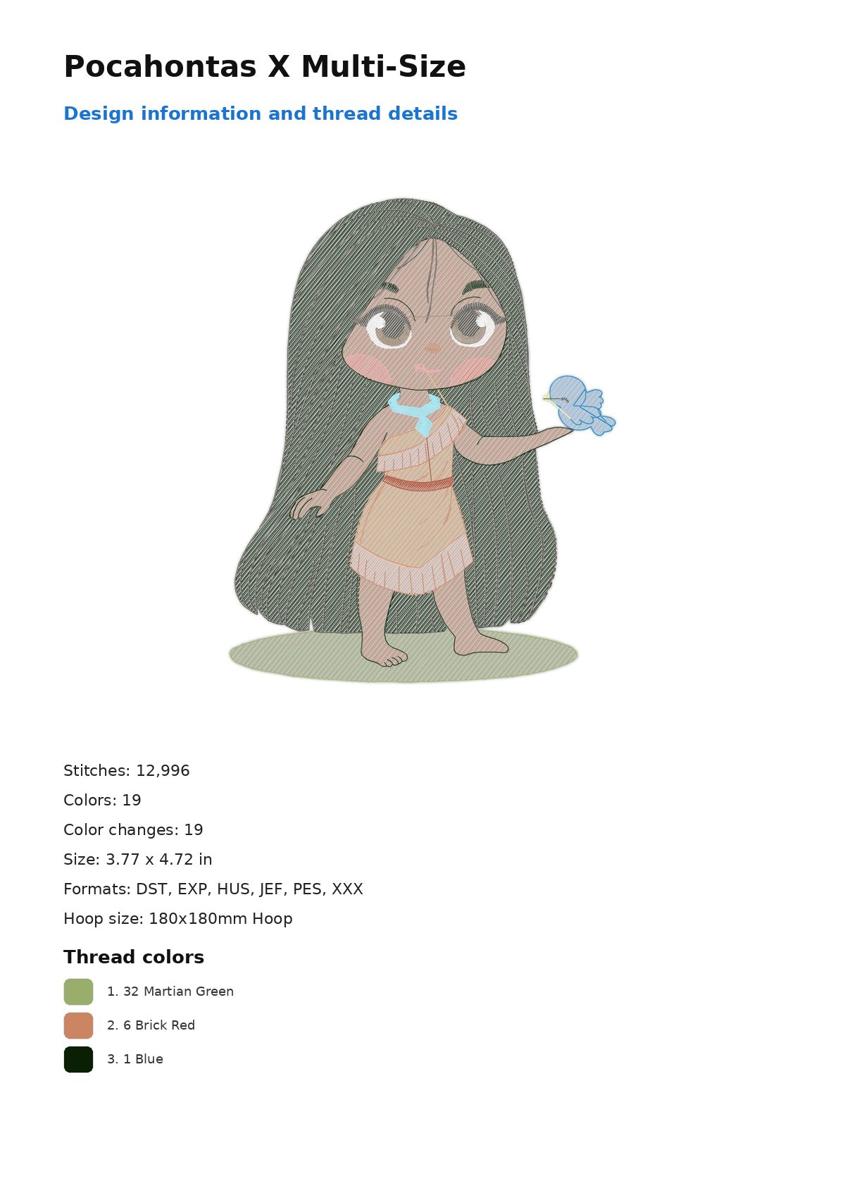 Pocahontas X Multi-Size free machine embroidery design — 3.77×4.72 in — 12,996 stitches — 19 colors — DST, EXP, HUS, JEF, PES
