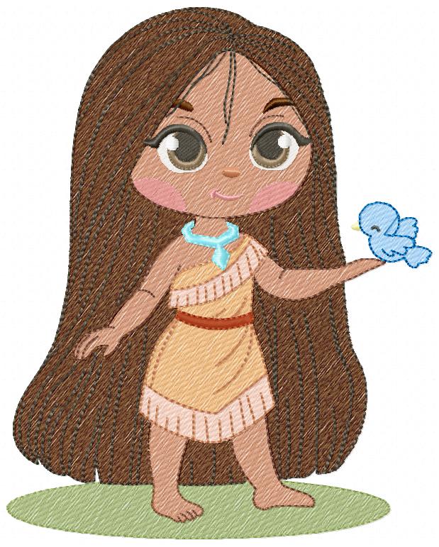 Pocahontas X Multi-Size free machine embroidery design — 3.77×4.72 in — 12,996 stitches — 19 colors — DST, EXP, HUS, JEF, PES