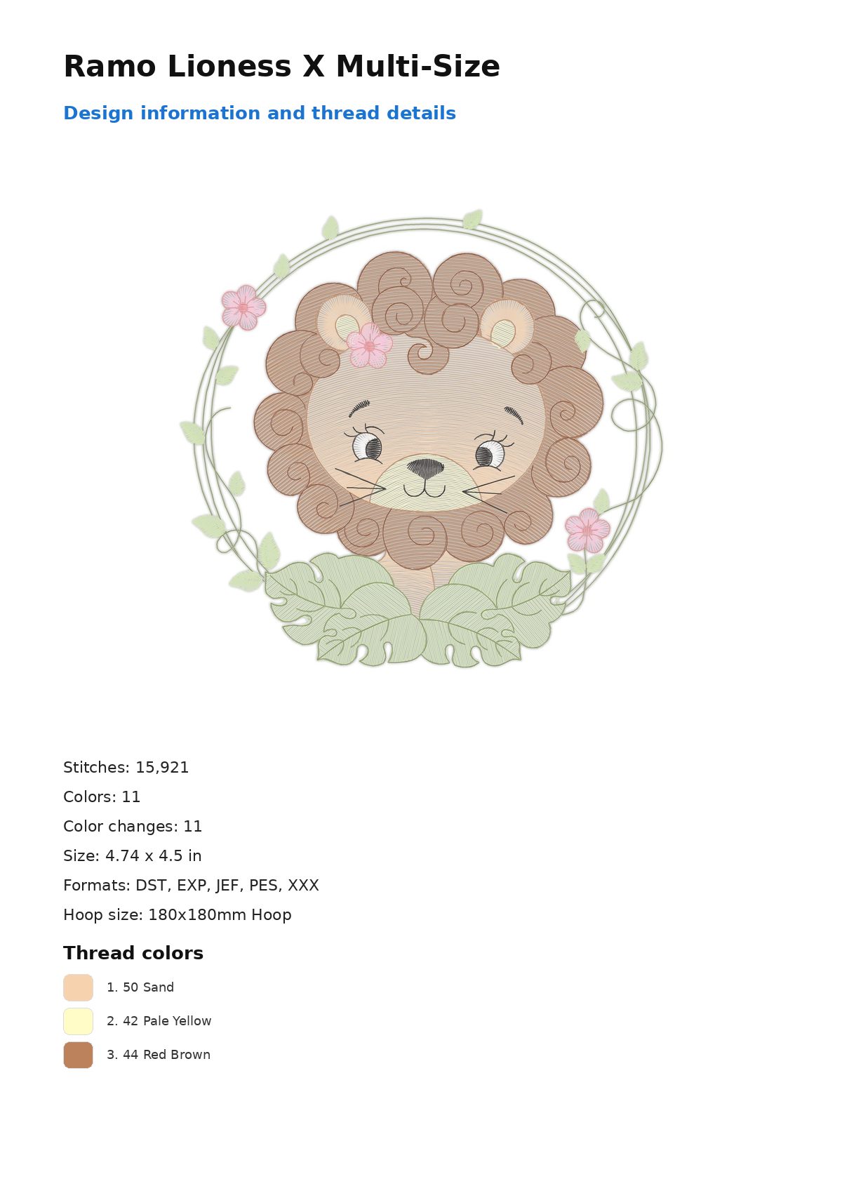 Ramo Lioness X Multi-Size free machine embroidery design — 4.74×4.5 in — 15,921 stitches — 11 colors — DST, EXP, JEF, PES, XXX