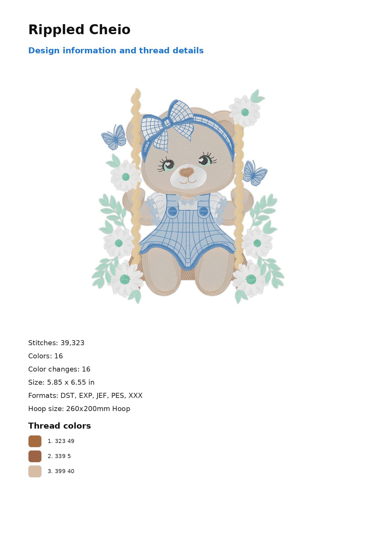 Rippled Cheio free machine embroidery design — 5.85×6.55 in — 39,323 stitches — 16 colors — DST, EXP, JEF, PES, XXX