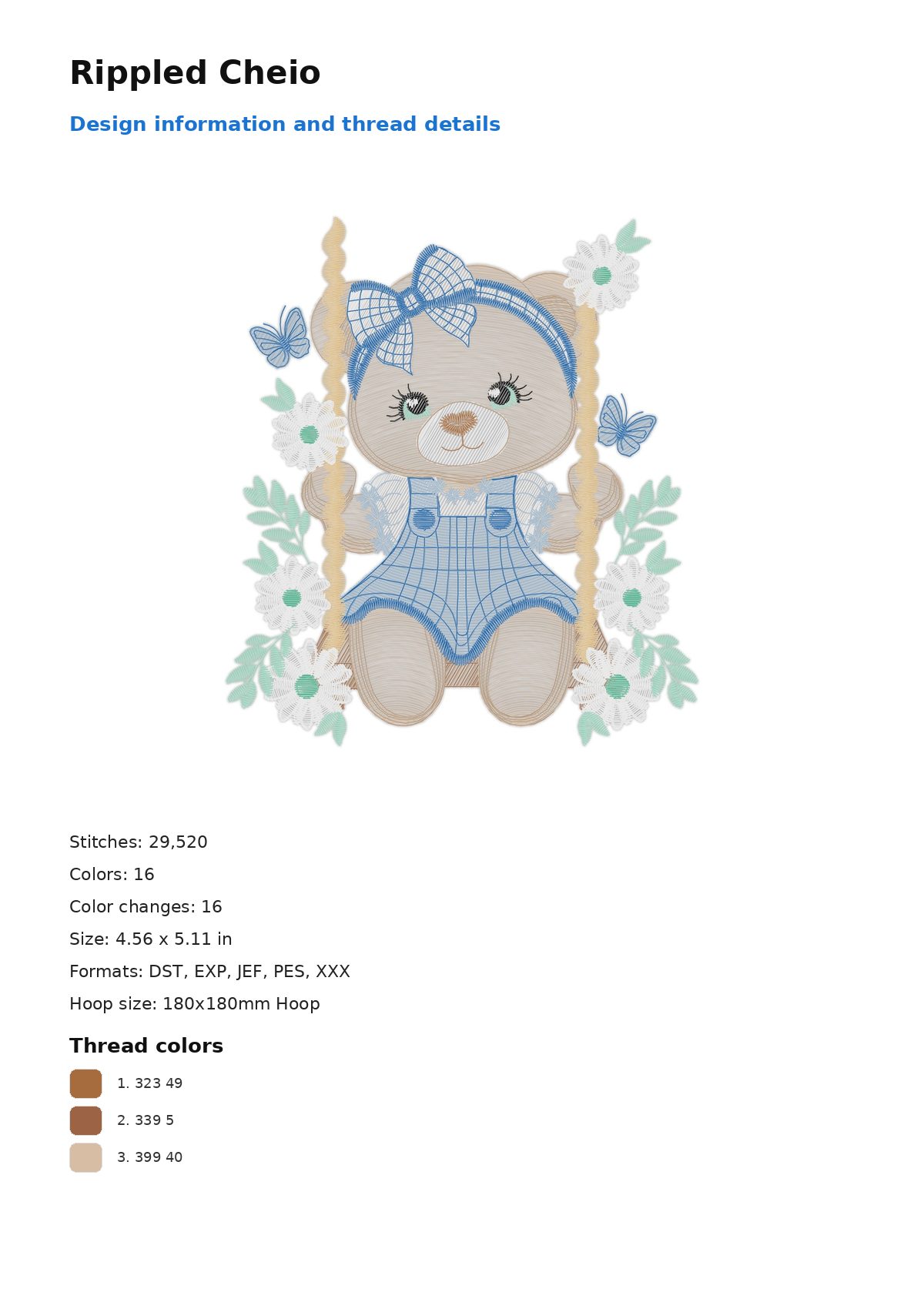 Rippled Cheio free machine embroidery design — 4.56×5.11 in — 29,520 stitches — 16 colors — DST, EXP, JEF, PES, XXX