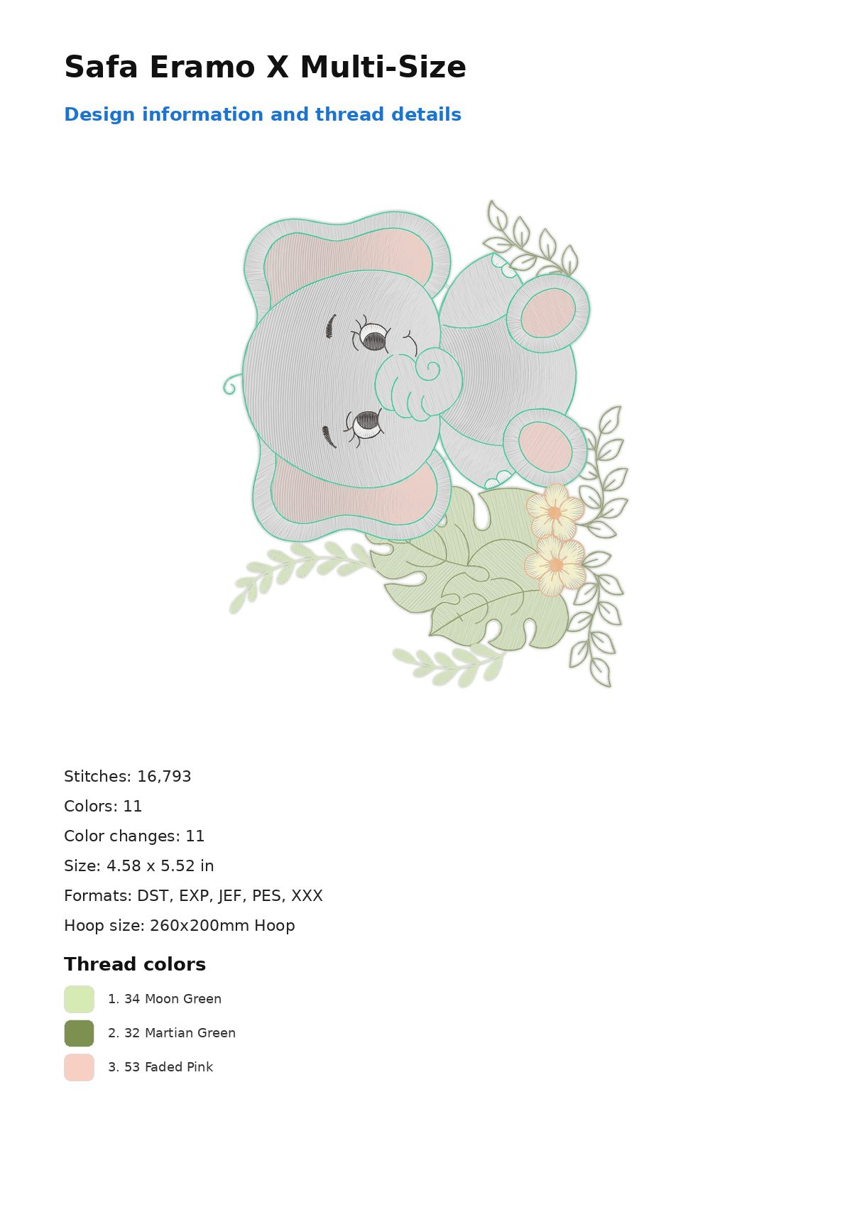 Safa Eramo X Multi-Size free machine embroidery design — 4.58×5.52 in — 16,793 stitches — 11 colors — DST, EXP, JEF, PES, XXX