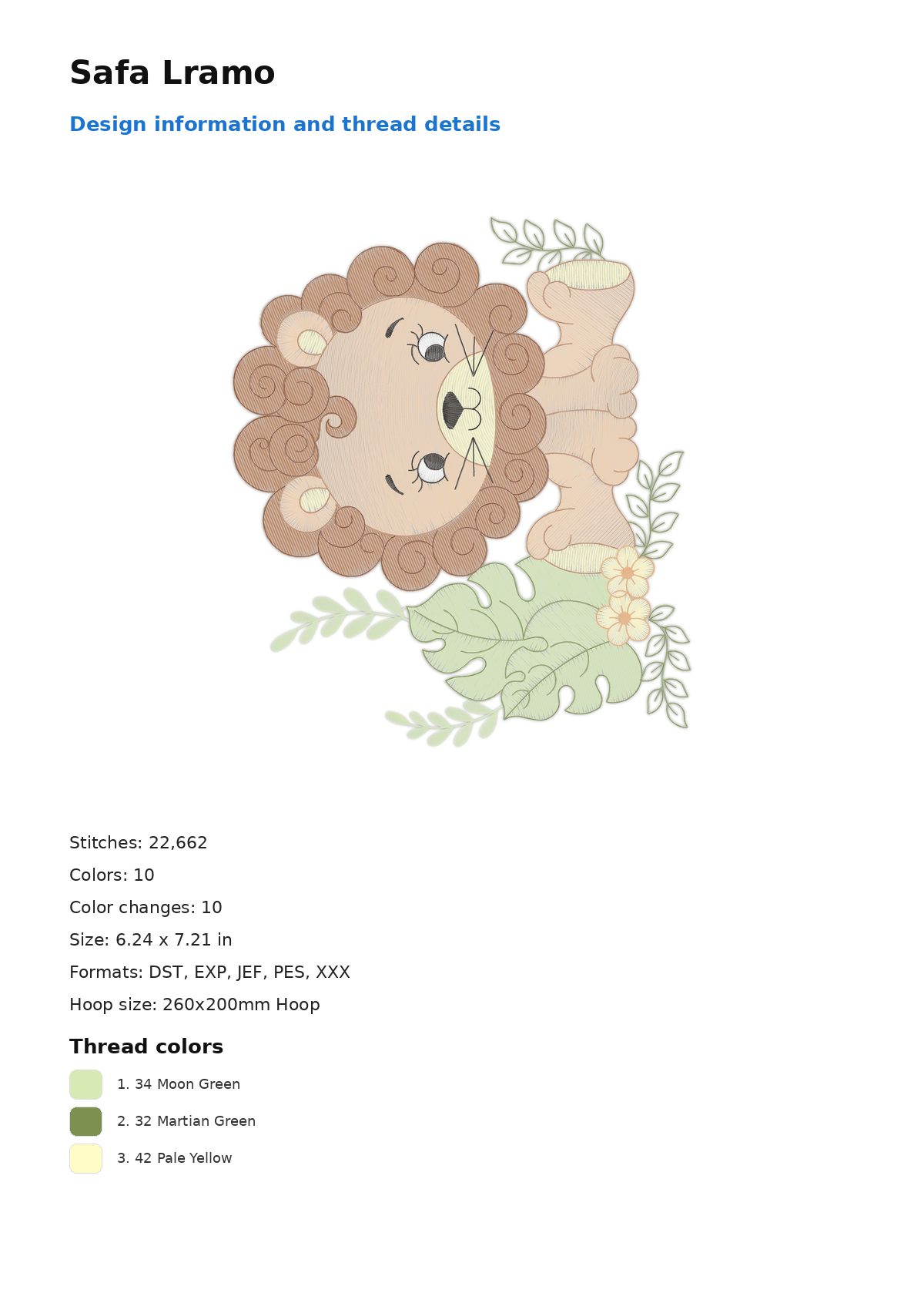 Safa Lramo free machine embroidery design — 6.24×7.21 in — 22,662 stitches — 10 colors — DST, EXP, JEF, PES, XXX