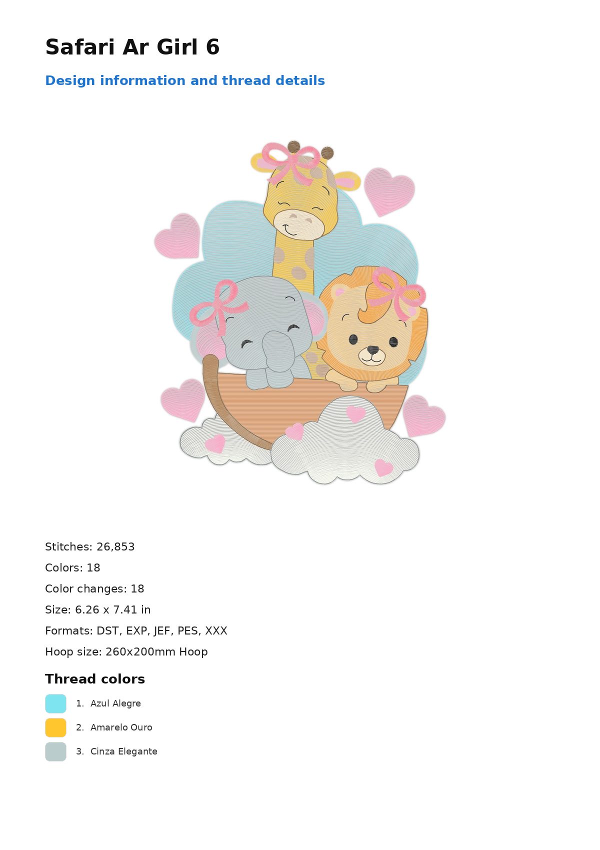 Safari Ar Girl 6 free machine embroidery design — 6.26×7.41 in — 26,853 stitches — 18 colors — DST, EXP, JEF, PES, XXX