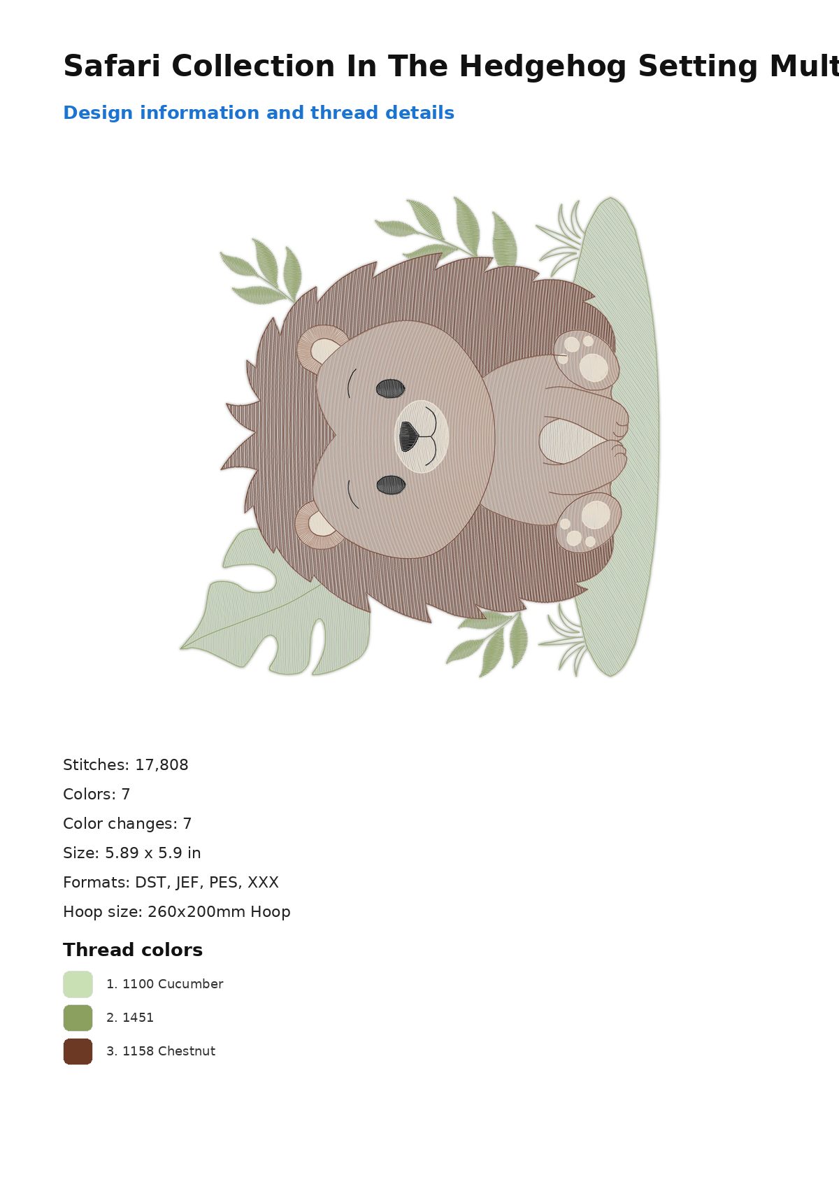 Safari Collection In The Hedgehog Setting Multi-Size free machine embroidery design — 5.89×5.9 in — 17,808 stitches — 7 colors — DST, JEF, PES, XXX